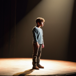 ** A young, ambitious actor stands on an empty stage bathed in a single spotlight. He's gazing out at the unseen audience, a mix of determination and hopeful vulnerability on his face. The faint outline of the Théâtre National can be seen in the background. Focus on capturing the emotion and the yearning for the spotlight.

**