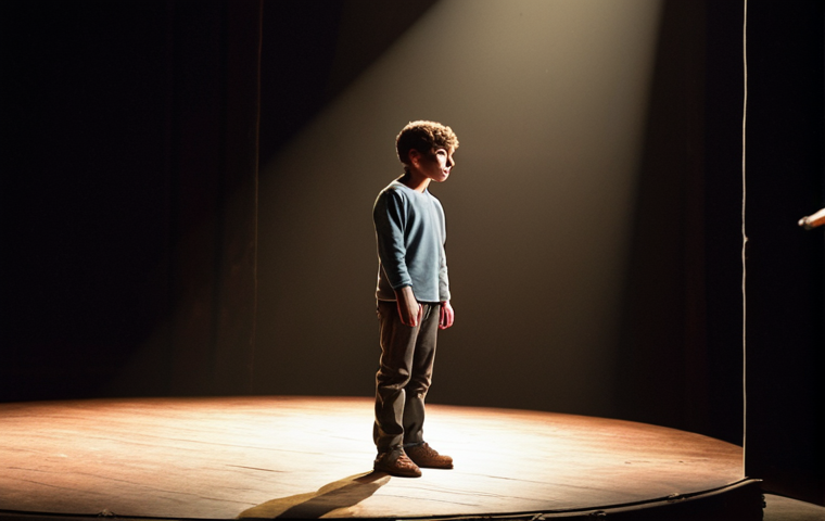 ** A young, ambitious actor stands on an empty stage bathed in a single spotlight. He's gazing out at the unseen audience, a mix of determination and hopeful vulnerability on his face. The faint outline of the Théâtre National can be seen in the background. Focus on capturing the emotion and the yearning for the spotlight.

**