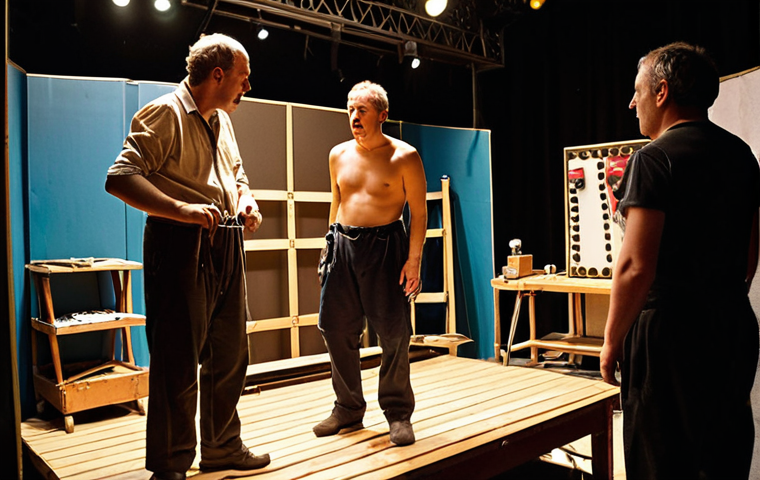 **
"A bustling backstage scene during a provincial theatre tour in France. Actors in various stages of costume adjustments, a technician repairing a prop with gaffer tape, and the director giving last-minute instructions. The set is partially visible, creating a sense of organized chaos and the energy of live theatre. Warm, slightly diffused lighting."
**