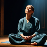 A professional female actor in modest, loose-fitting warm-up attire, sitting calmly in a quiet, dimly lit backstage corner of a historic theater. Her eyes are closed in deep concentration, practicing a meditative visualization exercise. Subtle lighting from distant stage lights highlights the texture of old wood and draped fabric. Her pose is natural and poised, showing perfect anatomy, correct proportions, well-formed hands, and proper finger count. The scene conveys a sense of serene focus and readiness. Safe for work, appropriate content, fully clothed, professional, high-quality, ultra-detailed, cinematic lighting.