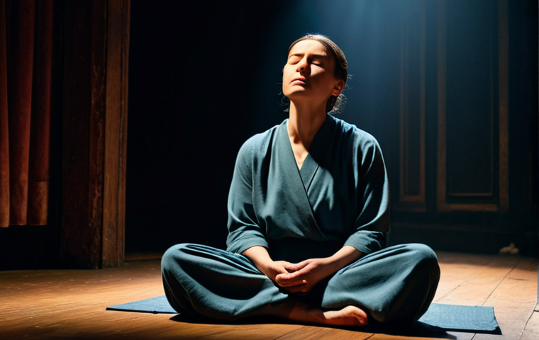 A professional female actor in modest, loose-fitting warm-up attire, sitting calmly in a quiet, dimly lit backstage corner of a historic theater. Her eyes are closed in deep concentration, practicing a meditative visualization exercise. Subtle lighting from distant stage lights highlights the texture of old wood and draped fabric. Her pose is natural and poised, showing perfect anatomy, correct proportions, well-formed hands, and proper finger count. The scene conveys a sense of serene focus and readiness. Safe for work, appropriate content, fully clothed, professional, high-quality, ultra-detailed, cinematic lighting.
