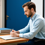 A thoughtful male actor, fully clothed in a professional, modest smart-casual attire including a collared shirt and tailored trousers, sits at a desk in a quiet, well-lit rehearsal room. He is looking down at an open theatre script, surrounded by books and a laptop, conveying a sense of deep study and reflection. The background is clean and uncluttered. This image captures the essence of an artist-researcher. Professional photography, high detail, sharp focus, safe for work, appropriate content, fully clothed, modest clothing, appropriate attire, professional dress, family-friendly, perfect anatomy, correct proportions, natural pose, well-formed hands, proper finger count, natural body proportions.