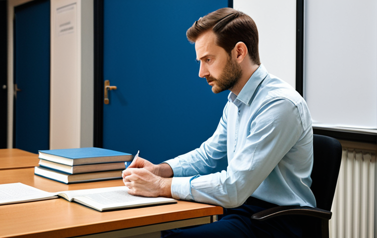 A thoughtful male actor, fully clothed in a professional, modest smart-casual attire including a collared shirt and tailored trousers, sits at a desk in a quiet, well-lit rehearsal room. He is looking down at an open theatre script, surrounded by books and a laptop, conveying a sense of deep study and reflection. The background is clean and uncluttered. This image captures the essence of an artist-researcher. Professional photography, high detail, sharp focus, safe for work, appropriate content, fully clothed, modest clothing, appropriate attire, professional dress, family-friendly, perfect anatomy, correct proportions, natural pose, well-formed hands, proper finger count, natural body proportions.