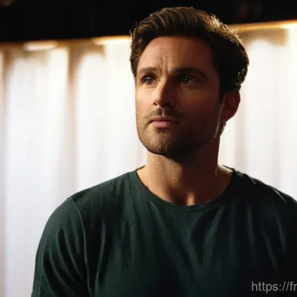 연극배우의 호흡 훈련 - **A serene male actor in his late 30s stands backstage in a dimly lit, vintage theatre. He is dresse...