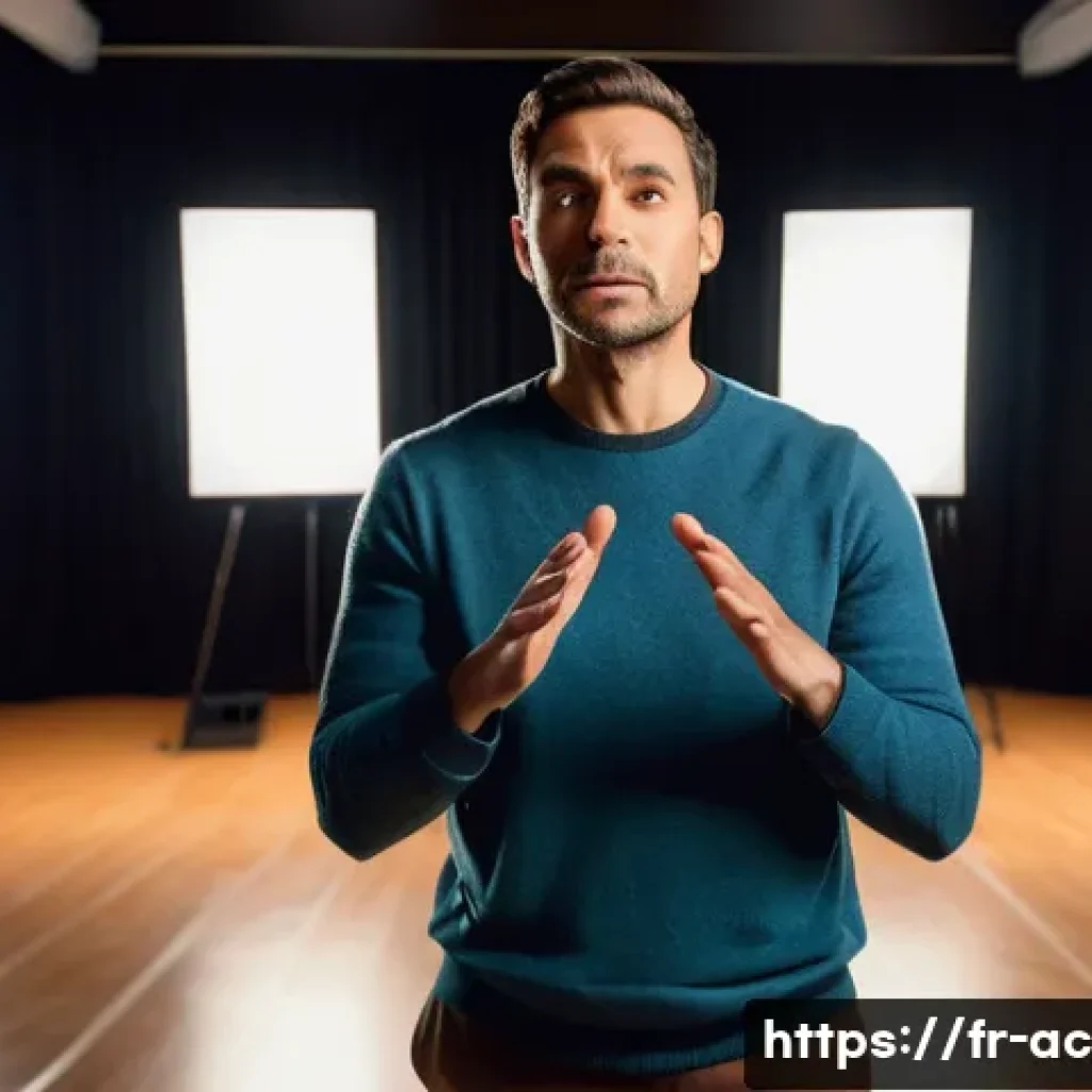 연극배우 필수 이론 - A professional actor practicing in a sunlit modern theater rehearsal room, standing confidently in c...