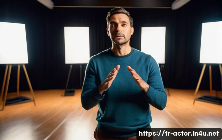 연극배우 필수 이론 - A professional actor practicing in a sunlit modern theater rehearsal room, standing confidently in c...