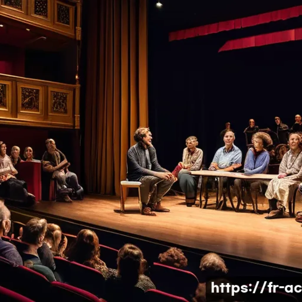연극배우와 관객 피드백 수집 - A lively post-performance discussion scene in a modern French theater hall, featuring diverse adult ...