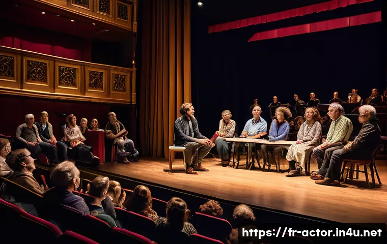 연극배우와 관객 피드백 수집 - A lively post-performance discussion scene in a modern French theater hall, featuring diverse adult ...