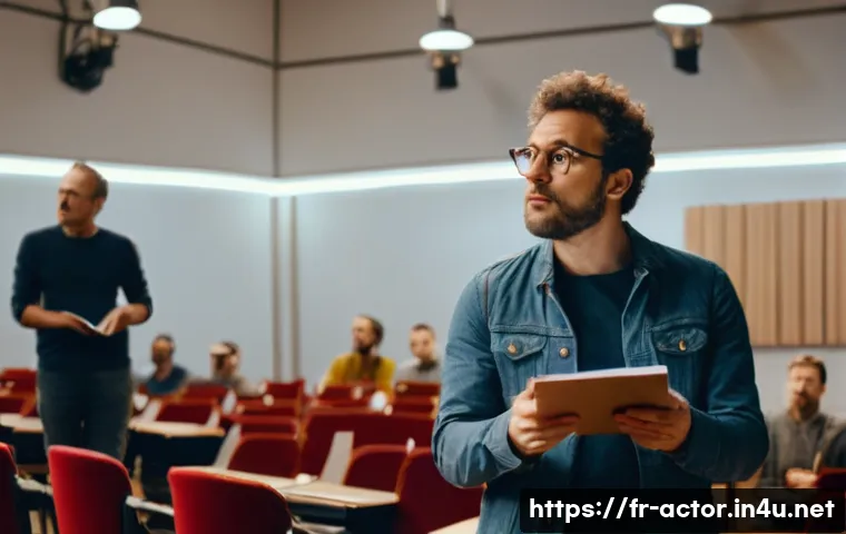 연극배우로서 비평 수용하기 - A professional actor in a modern French theater rehearsal room, attentively listening to a director’...