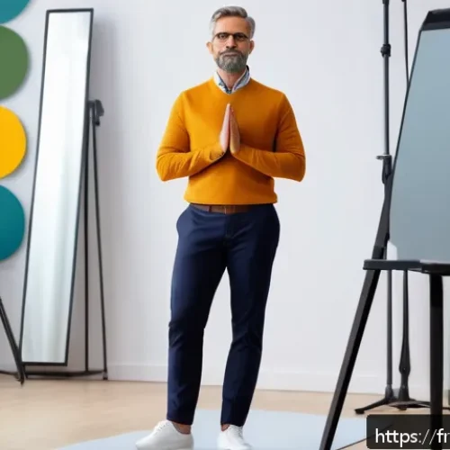 Home 33 연극배우의 발음 교정 연습 - A confident adult vocal coach standing in a bright, modern studio with a large mirror, demonstrating...