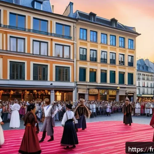 Home 32 연극배우의 예술적 교류 사례 - A vibrant international theater festival scene in a European city square during sunset, featuring di...