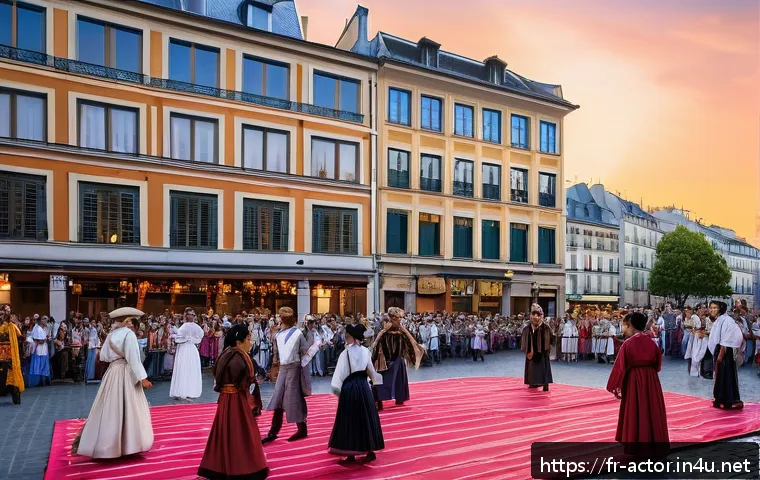 연극배우의 예술적 교류 사례 - A vibrant international theater festival scene in a European city square during sunset, featuring di...