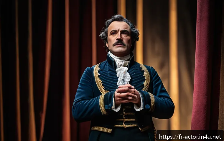 연극배우의 장르별 연기 도전 - A highly detailed theatrical scene portraying an actor embodying intense drama: a middle-aged French...
