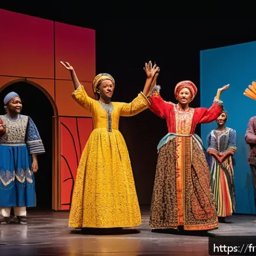 Home 30 연극배우와 문화 다양성 연극 - A vibrant contemporary theater stage scene depicting a diverse cast of actors representing multiple ...