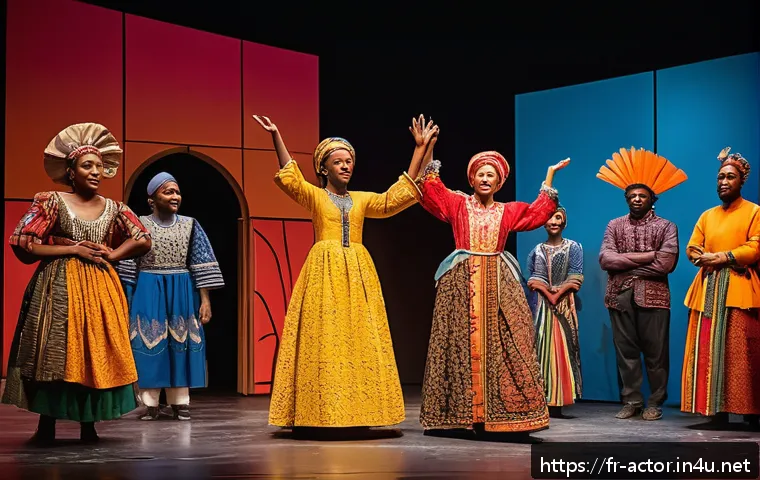 연극배우와 문화 다양성 연극 - A vibrant contemporary theater stage scene depicting a diverse cast of actors representing multiple ...