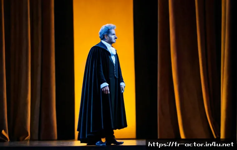 연극배우의 연극계 진출 성공담 - Photorealistic French theatre actor’s success journey, confident middle-aged performer standing alon...