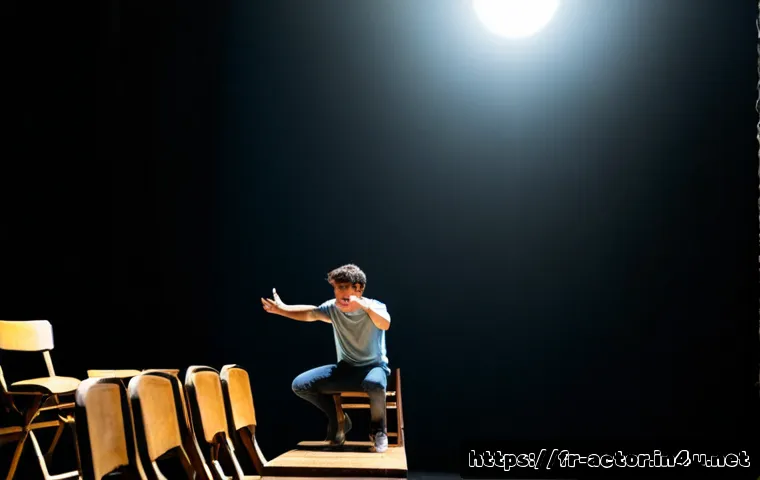 연극배우로서의 성장 과정 - Photorealistic young French theatre actor rehearsing alone on a small Parisian black-box stage, prac...
